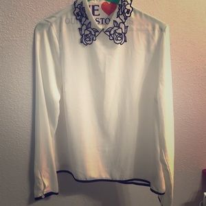 White & Black 🌹 Rose Detail semi sheer blouse